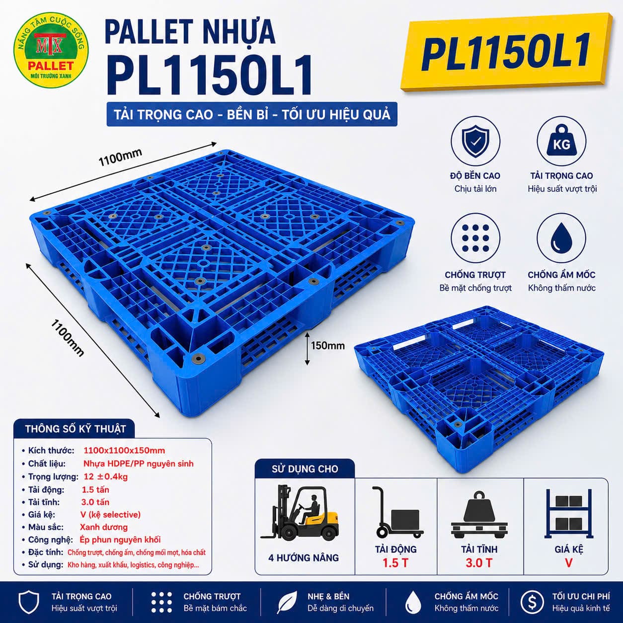 Pallet nhựa PL1150 màu xanh