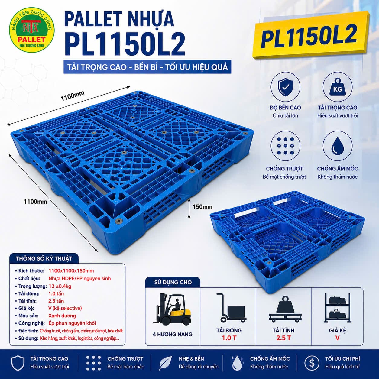Pallet nhựa PL1150 màu xanh