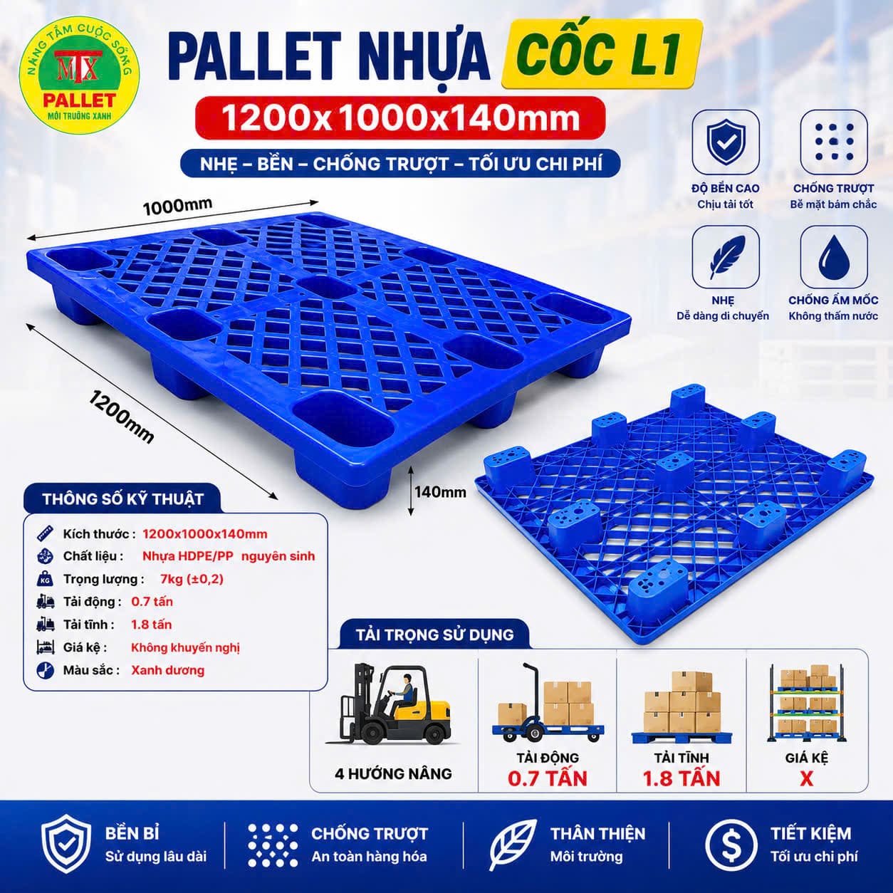 Pallet nhựa chân cốc màu xanh