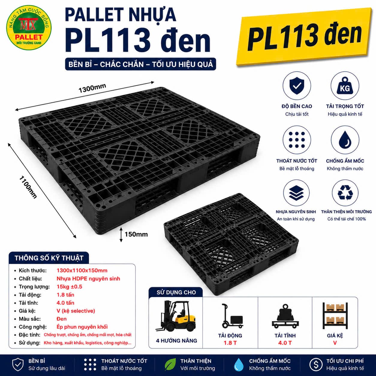 Pallet nhựa PL113 màu đen