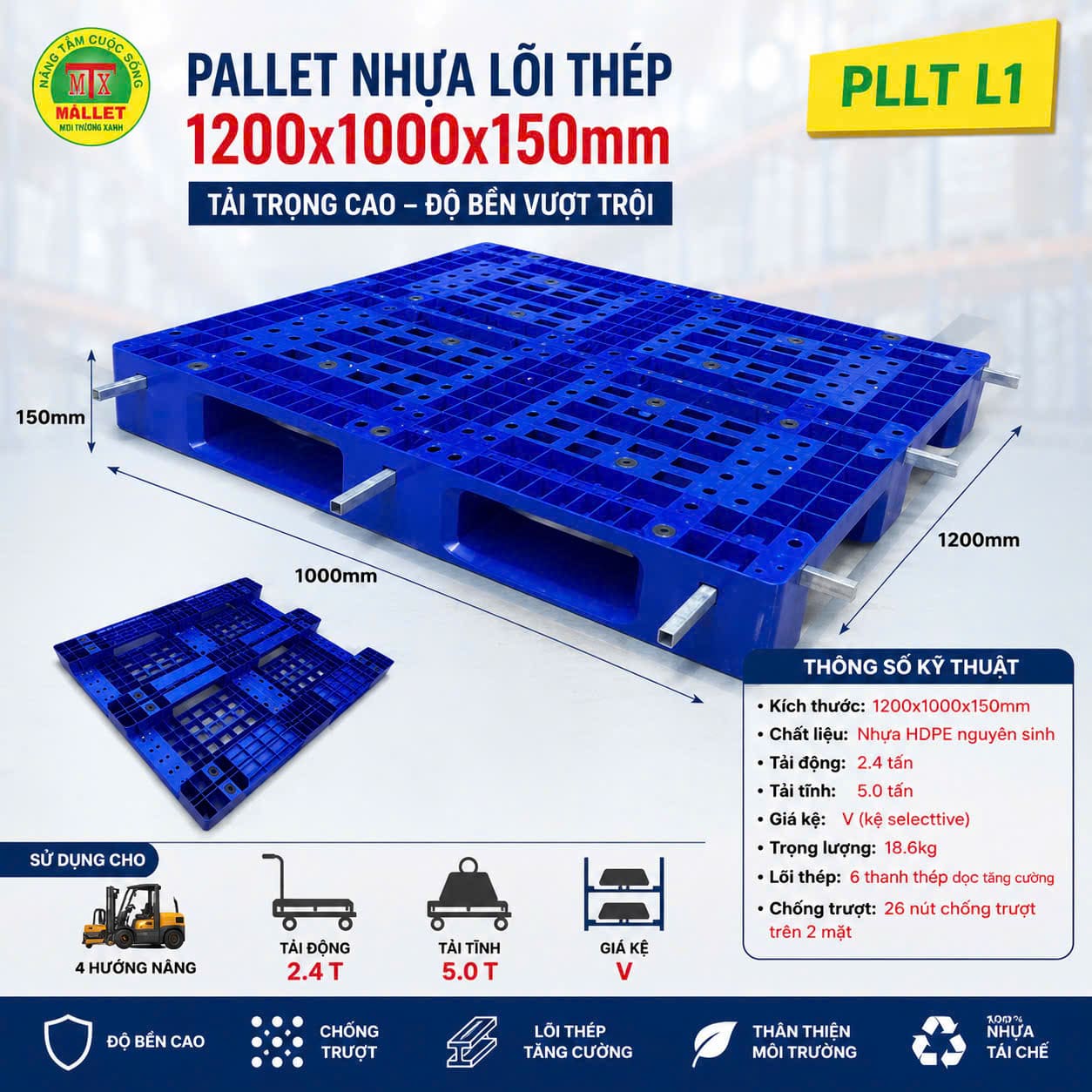 Pallet nhựa PL10 màu xanh