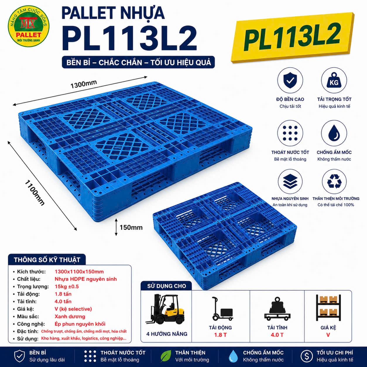 Pallet nhựa PL113 màu xanh