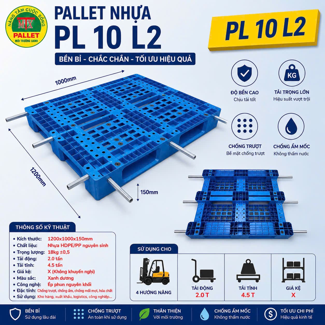 Pallet nhựa PL10 màu xanh