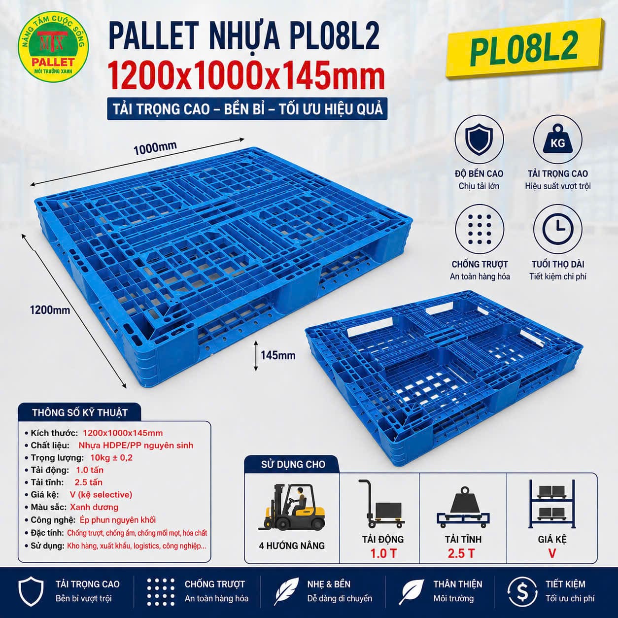 Pallet nhựa PL08 màu xanh