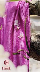 Khăn lụa đũi tơ tằm thêu tay hoa trắng lá dài - màu tím hồng | Hanhsilk