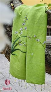 Khăn lụa đũi tơ tằm thêu tay cành lan - màu xanh cốm | Hanhsilk