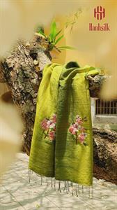 Khăn lụa đũi tơ tằm thêu tay hoa đào hồng - màu xanh rêu | Hanhsilk