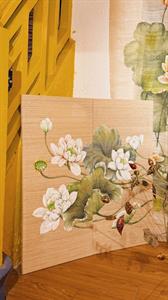 Tranh vẽ tay hoa sen hồng trên đũi tơ tằm K60, khung gỗ | Hanhsilk