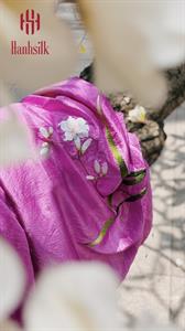 Khăn lụa đũi tơ tằm thêu tay hoa trắng lá dài - màu tím hồng | Hanhsilk