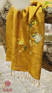 Khăn lụa đũi tơ tằm thêu tay hoa trắng - màu vàng nghệ | Hanhsilk