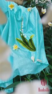Khăn lụa đũi tơ tằm thêu tay hoa linh lan - màu xanh ngọc | Hanhsilk