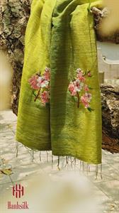 Khăn lụa đũi tơ tằm thêu tay hoa đào hồng - màu xanh rêu | Hanhsilk