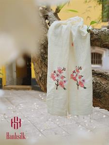 Khăn lụa đũi tơ tằm thêu tay hoa đào - màu trắng ngà | Hanhsilk