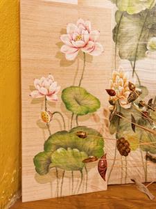 Tranh vẽ tay hoa sen hồng trên đũi tơ tằm K60, khung gỗ | Hanhsilk