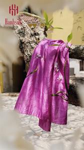Khăn lụa đũi tơ tằm thêu tay hoa trắng lá dài - màu tím hồng | Hanhsilk